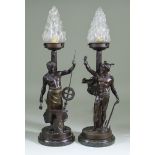 A Pair of French Bronzed Spelter Electric Table Lamps, Late 19th Century, modelled as Mercury and