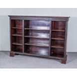 An Early 20th Century Mahogany Dwarf Open-Front Bookcase, the front carved with lined fret detail,