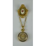 A Gold and Enamel Gem Set Brooch with Suspended Gold and Enamel Fob Watch, Modern, by Rondine,