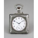 A Late 19th Century Nickel Cased Open Faced Keyless Oversize Desk Watch, the white enamel circular