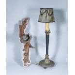 A French Cast Brass Pillar Gas Lamp with Silk Shade, 15.5ins high, and a single brass wall light