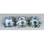 Three Worcester Leaf-Shaped Pickle Dishes, painted in blue with the "Leaf Vine" pattern, one with