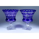 Two Similar Blue-Flash Glass Vases of Campagna Shape, one with stylised cutting, the other with