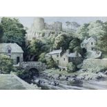 ***George Mackley (1900-1983) - Watercolour - Village beside a stream with a ruined castle, signed