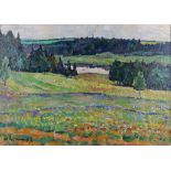 20th Century Russian School - Oil painting - Extensive rural landscape with figure in a field,