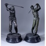 21st Century School - Pair of bronze models of golfers, on turned and stepped marble bases, 13.25ins