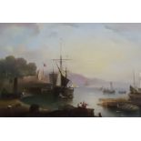 20th Century British School - Oil painting - Coastal inlet with fishing boats and figures, relined