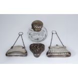 A Late Victorian Silver Mounted and Clear Glass Inkwell and mixed silverware, the inkwell mount by