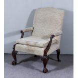 A 19th Century Mahogany Easy Armchair, with arched back, the seat, back and armpads upholstered in