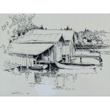 Esko Sihtola (1937-2017) - Three ink drawings - Views of fishing boats and boat houses, signed and