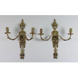 A Pair of Cast Brass Twin Wall Lights, the back plate with acanthus and tied ribbon design below a