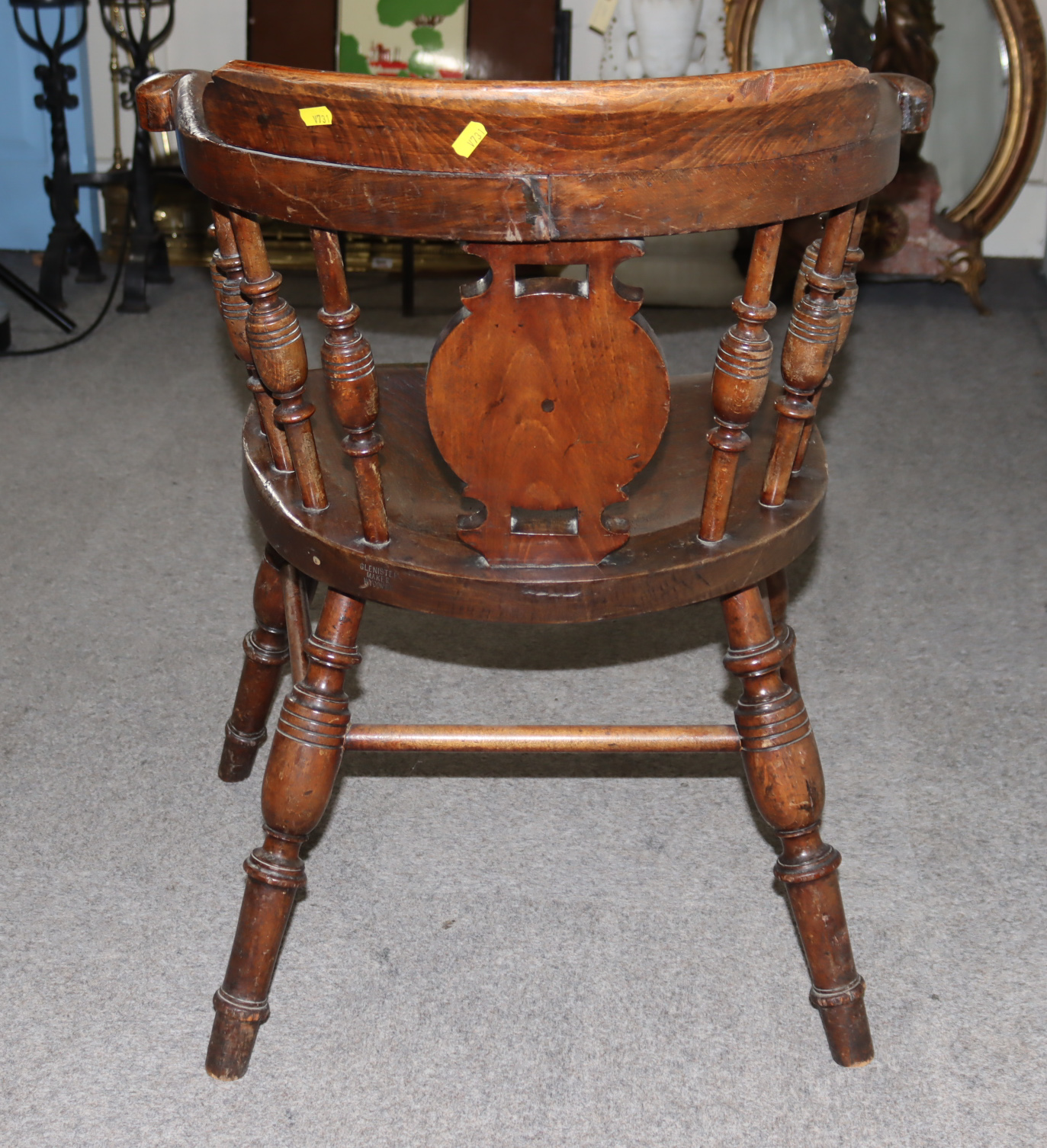 A Victorian Elm Smoker's Bow Armchair, with curved crest rail, central shaped splat, spindle - Image 3 of 6