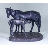 20th Century Russian School - Dark Brown Patinated Bronze Cast Iron Group of a Horse and Foal,