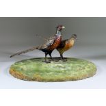 An Austrian Green Onyx Ashtray, mounted with two cold painted bronze figures of pheasants, 15ins x
