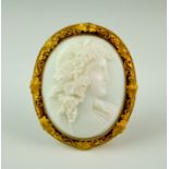 A Carved Cameo Brooch, Late 18th/Early 19th Century, 15ct gold foliate frame set with a profile of a