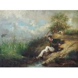 19th Century British School - Oil painting - A hunter sliding into a stream in pursuit of his quarry