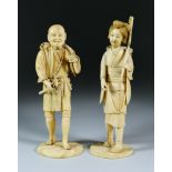 I* Two Japanese Carved Ivory Okimono, Meiji Period - standing male figure with bill hook and
