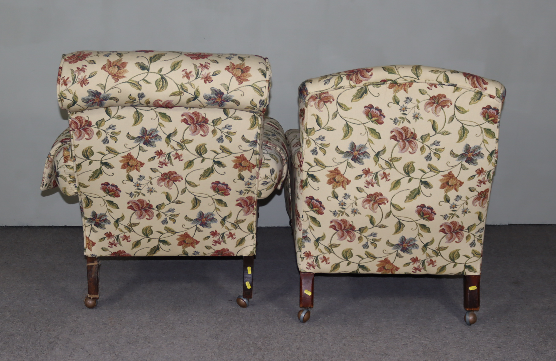 Two Victorian Easy Chairs in the Manner of Howard, upholstered in patterned cloth, on turned legs - Image 3 of 5