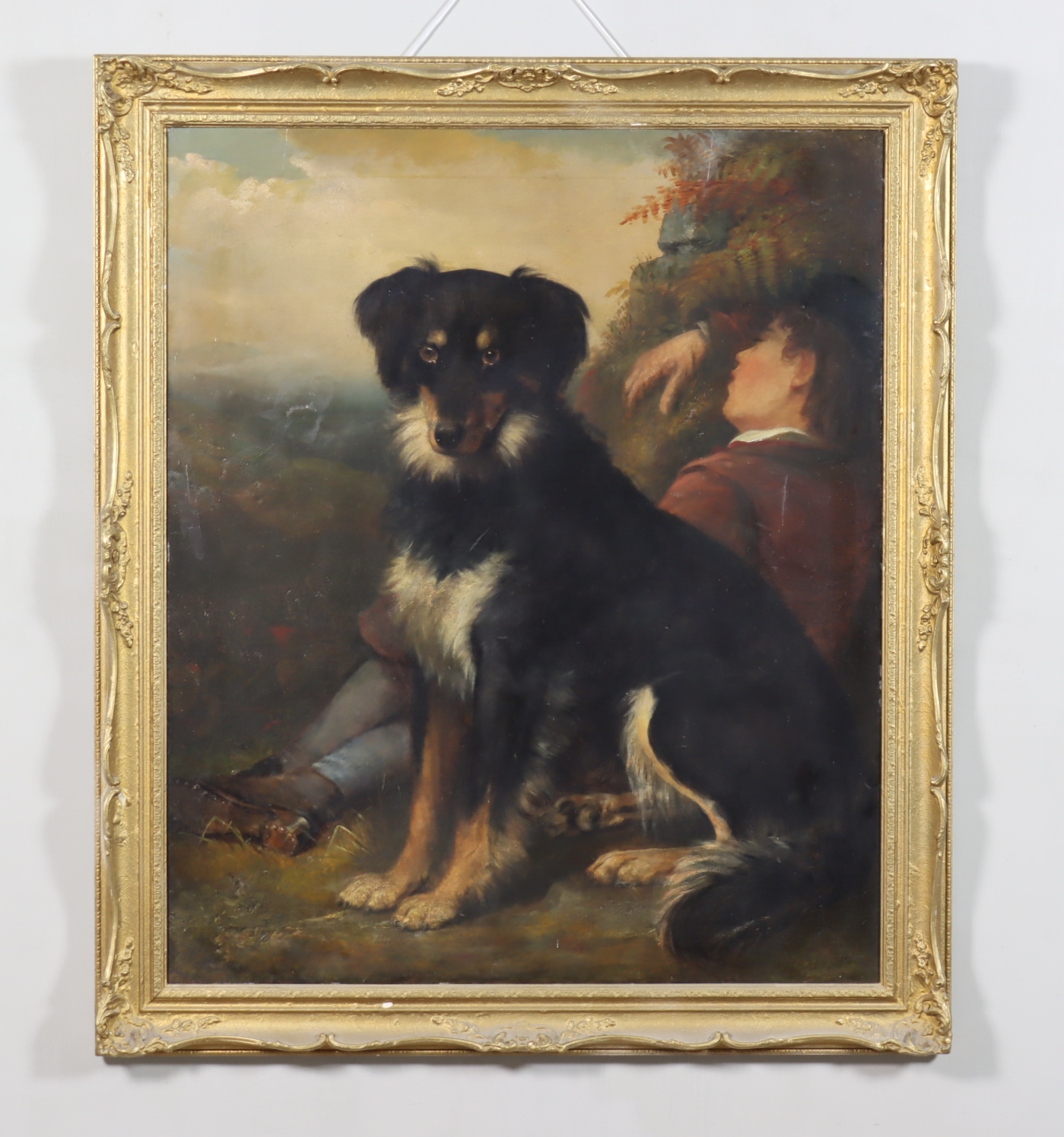 19th Century British School - Oil painting - Portrait of seated dog with sleeping boy, relined - Image 3 of 3