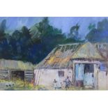 ***Cecil Arthur Hunt (1873-1965) - Watercolour - Figures beside a barn, 12.75ins x 18.5ins, framed