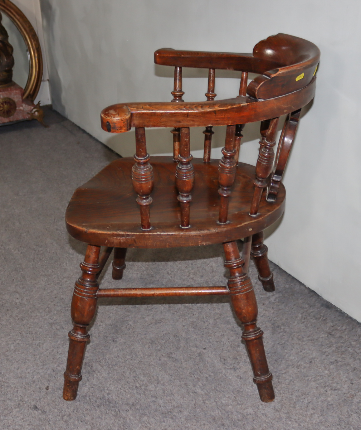 A Victorian Elm Smoker's Bow Armchair, with curved crest rail, central shaped splat, spindle - Image 2 of 6