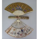 I* A Chinese Ivory and Paper Fan, 18th Century, the end sticks carved with European figures in