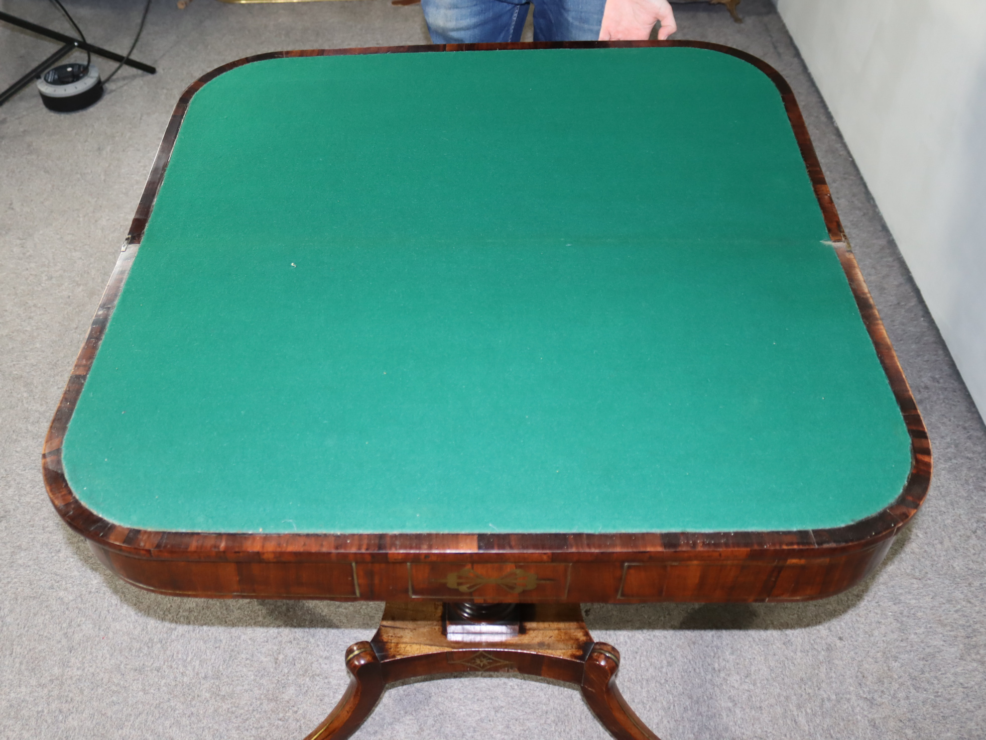 A George IV Rosewood D Shaped Card Table, inlaid with brass stringings, the green baize lined - Image 6 of 6