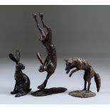 20th Century British School - Three bronze models - Dancing hare, 6.75ins high, jumping fox, 3ins