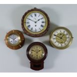 A Mahogany Drop Dial Type Wall Timepiece of Small Proportion, Two Bulkhead Timepieces and a Ship's