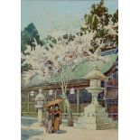Herbert Touzeau Ahier (19th/20th Century) - Watercolour - Figures outside a Japanese temple,