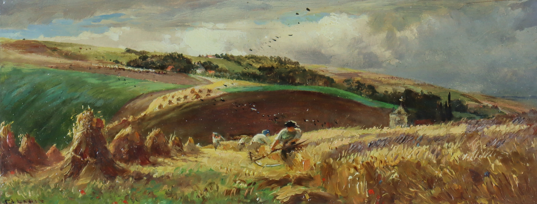 C. J. Lewis (1830/36-1892) - Two oil paintings - Harvesting the corn, board 3.75ins x 9.5ins, and