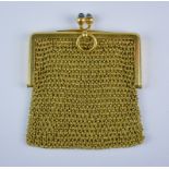 A Mesh Purse, 20th Century, 18ct yellow gold, set with two small cabochon stones, 54mm x54mm,