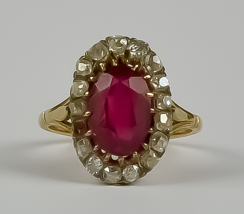 A Ruby and Diamond Ring (Synthetic Ruby), Early 20th Century, in gold colour metal mount, set with