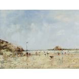 ***Attributed to Kenneth Newton (1933-1984) - Oil Painting - Beach scene with figures,
