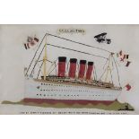 A Coloured Needlework Panel of the RMS Lusitania, Early 20th Century, on linen ground, 16.5ins x