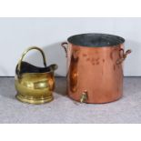 A Large Copper Stock Pot, with handles to each side and a brass tap, 17ins diameter x 17ins high,