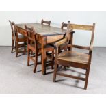 A 19th Century Elm Rectangular Kitchen Table and a Set of Five Ash Dining Chairs, the table with