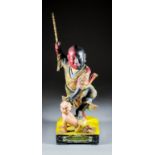 A Chinese Carved Polychrome and Giltwood Standing Figure of a Demon Queller with red and black