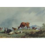 William Henry Crome (1806-1873) - Watercolour - Landscape with sheep and cattle grazing, 4ins x 5.