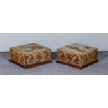 A Pair of Victorian Footstools, with needlework upholstery of a cat and dog, 13ins x 14ins x 6ins