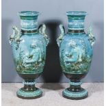 A Pair of Late French Blue Glazed Pottery Two-Handled Urn Shaped Vases, 19th Century, of classical