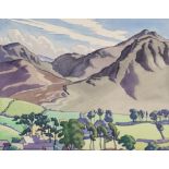 ***Ethelbert White (1891-1972) - Pencil and watercolour - Village beneath a mountain range, ink