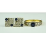A Sapphire and Diamond Suite, Modern, comprising - 18ct gold sapphire and diamond ring set with a