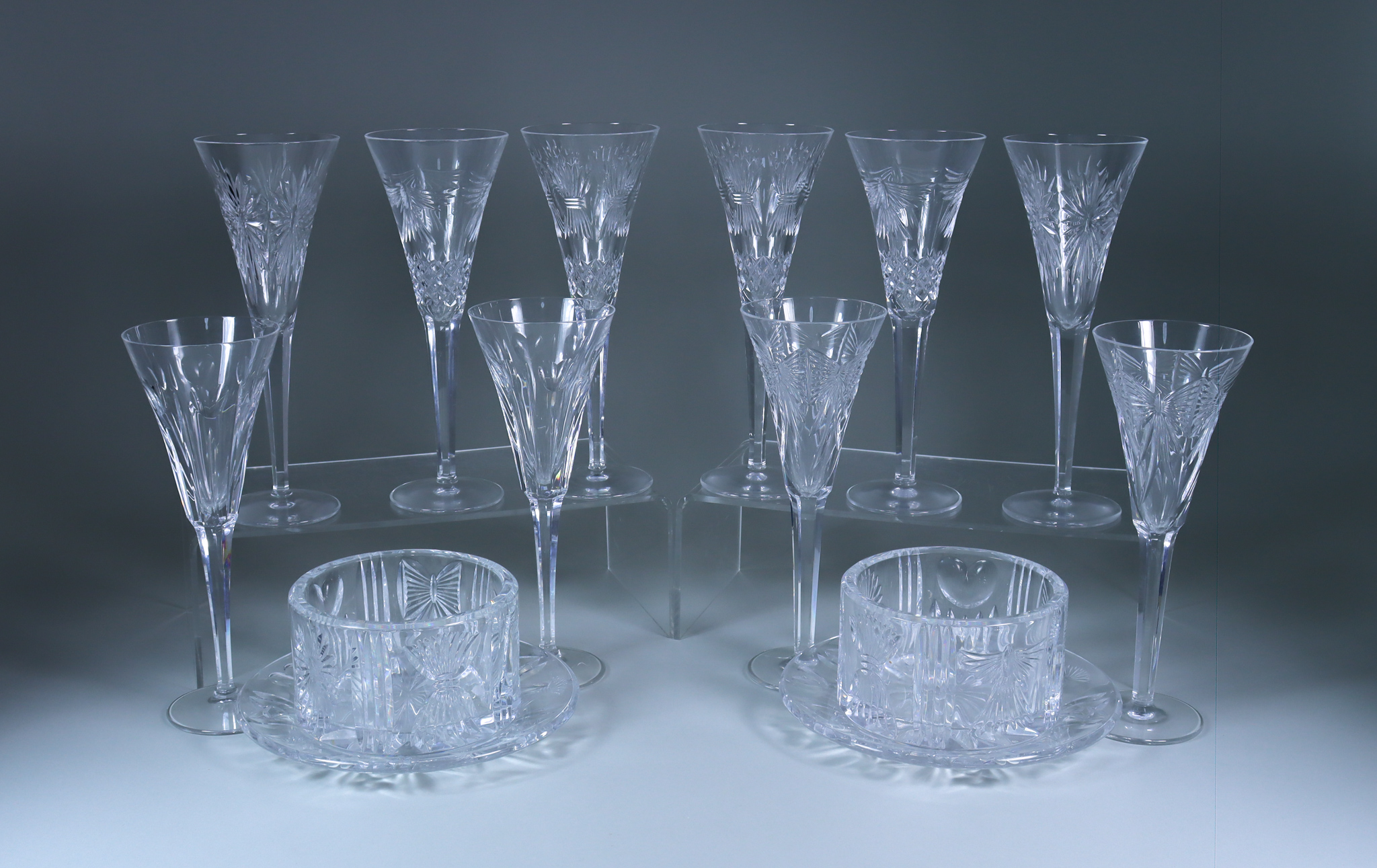 A Set of Twelve Waterford Glass "Millennium" Pattern Champagne Flutes - Health, Happiness, Peace,