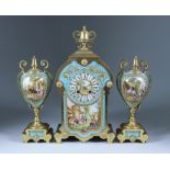 A Late 19th Century French Gilt Metal and Porcelain Mounted Three Piece Clock Garniture, by Japy