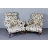 Two Victorian Easy Chairs in the Manner of Howard, upholstered in patterned cloth, on turned legs