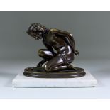 Gagne (19th/20th Century) - Bronze of a kneeling semi-naked young boy playing marbles, on oval base,