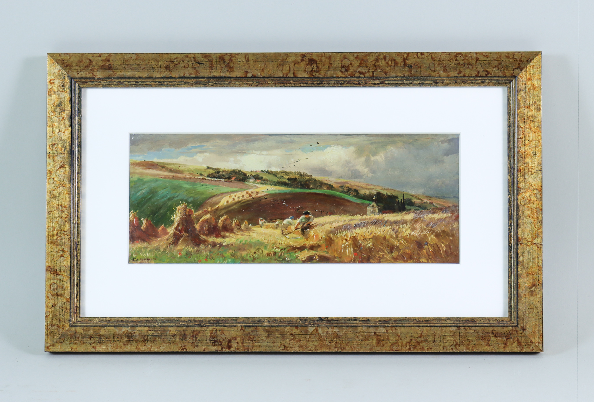 C. J. Lewis (1830/36-1892) - Two oil paintings - Harvesting the corn, board 3.75ins x 9.5ins, and - Image 4 of 7