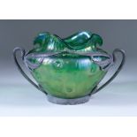 A Loetz Green Iridescent Glass Vase with Van Houten Pewter Frame, Circa 1900, the mount indistinctly