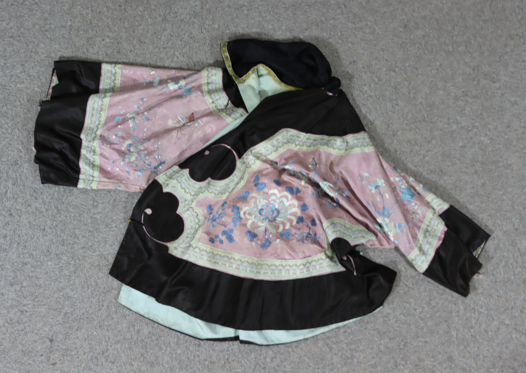 A Chinese Silk Robe, Early 20th Century, worked in coloured silks with flowering branches and - Image 3 of 4